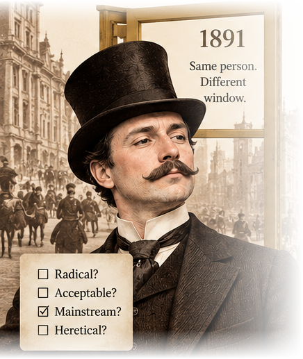 A man in a top hat and frock coat on an 1891 street, standing beside an open window lettered “1891 — Same person. Different window.” A card at his side ticks the box marked “Mainstream?”