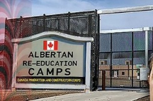 A prison fence with a sign reading Albertan Re-Education Camps.