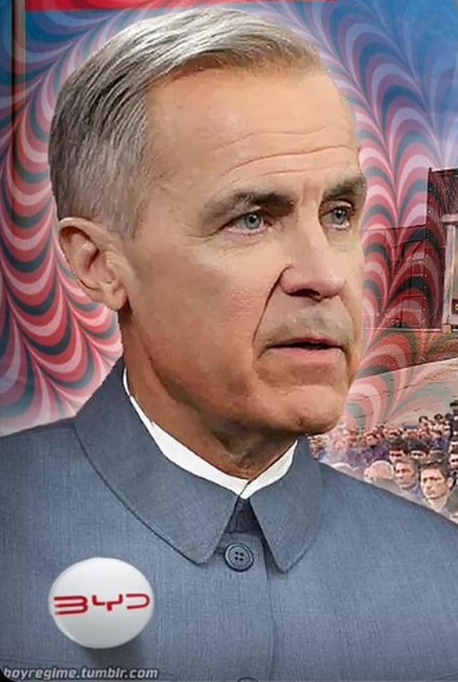 Mark Carney pictured in a grey Mao-collar tunic with a BYD badge.