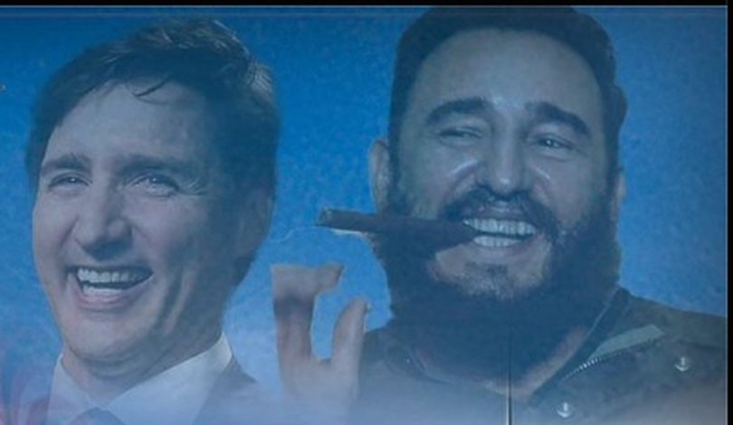Justin Trudeau laughing beside Fidel Castro holding a cigar.