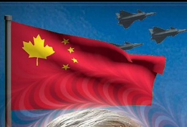 A flag that is half Canadian and half the flag of the People's Republic of China, with fighter jets above it.
