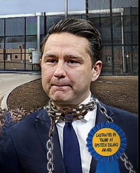Pierre Poilievre in chains wearing a mock blue award ribbon.