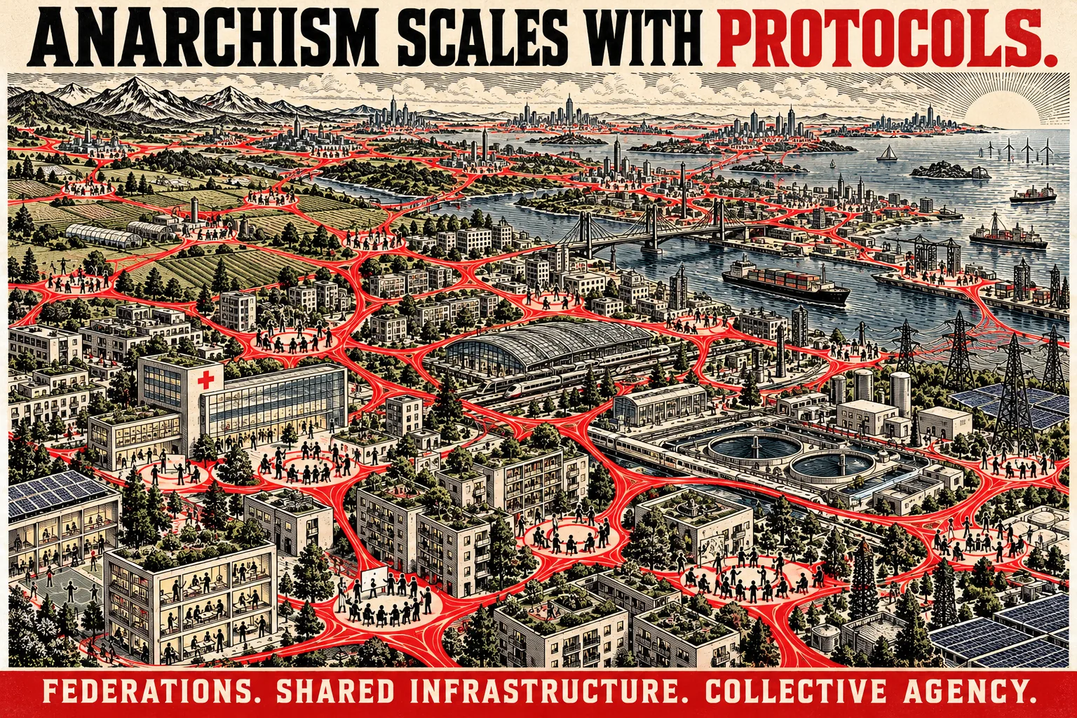 Anarchism scales with protocols. A regional federation connects assemblies, hospitals, housing, energy, transport and agriculture through a shared web of collective agency.