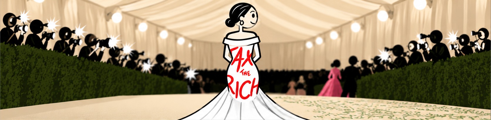 Alexandria Ocasio-Cortez arriving at the 2021 Met Gala in a white gown reading TAX THE RICH, flanked by a wall of photographers.