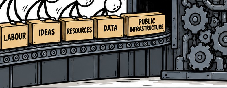 Detail: labour, ideas, resources, data and public infrastructure feeding the machine.