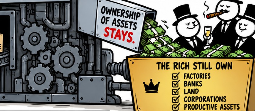 Detail: Ownership of assets stays — the rich still own factories, banks, land.