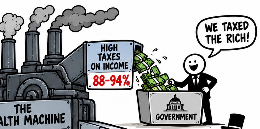 Detail: the Wealth Machine feeding high taxes on income into a government bin.