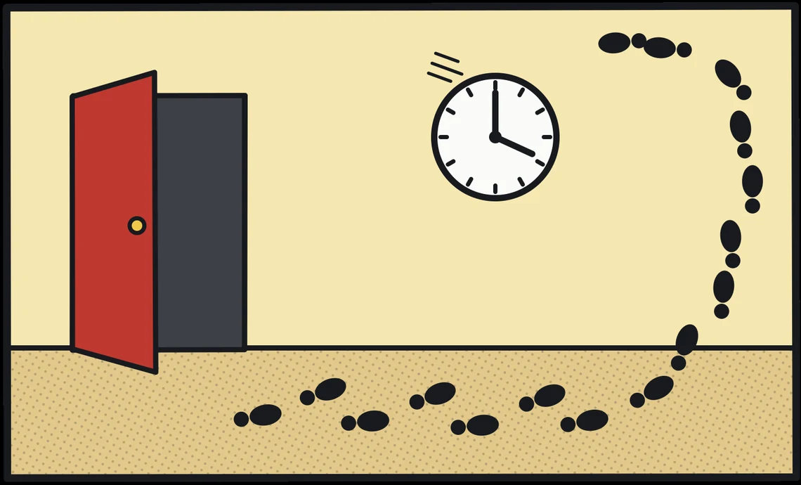 An open red door, and footprints walking out of it, across the floor, up the wall past a clock and over the ceiling.