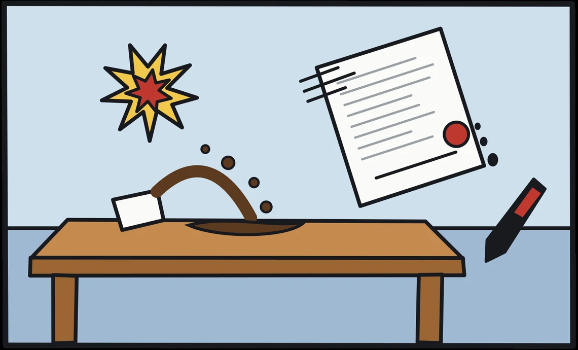 Coffee arcs off a desk, a contract with an empty signature line spins through the air, and a pen falls trailing ink, under a bright impact star.