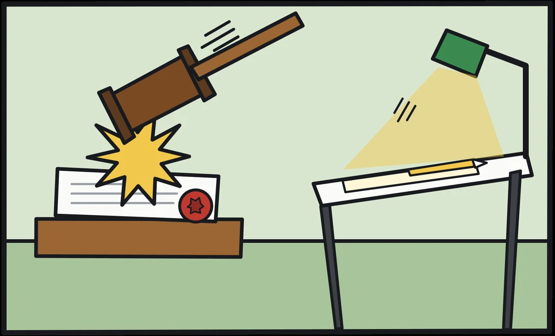 A gavel strikes a contract sealed in red wax. Beside it, a lamp is switched on over an empty drawing desk with a pencil lying on a blank page.
