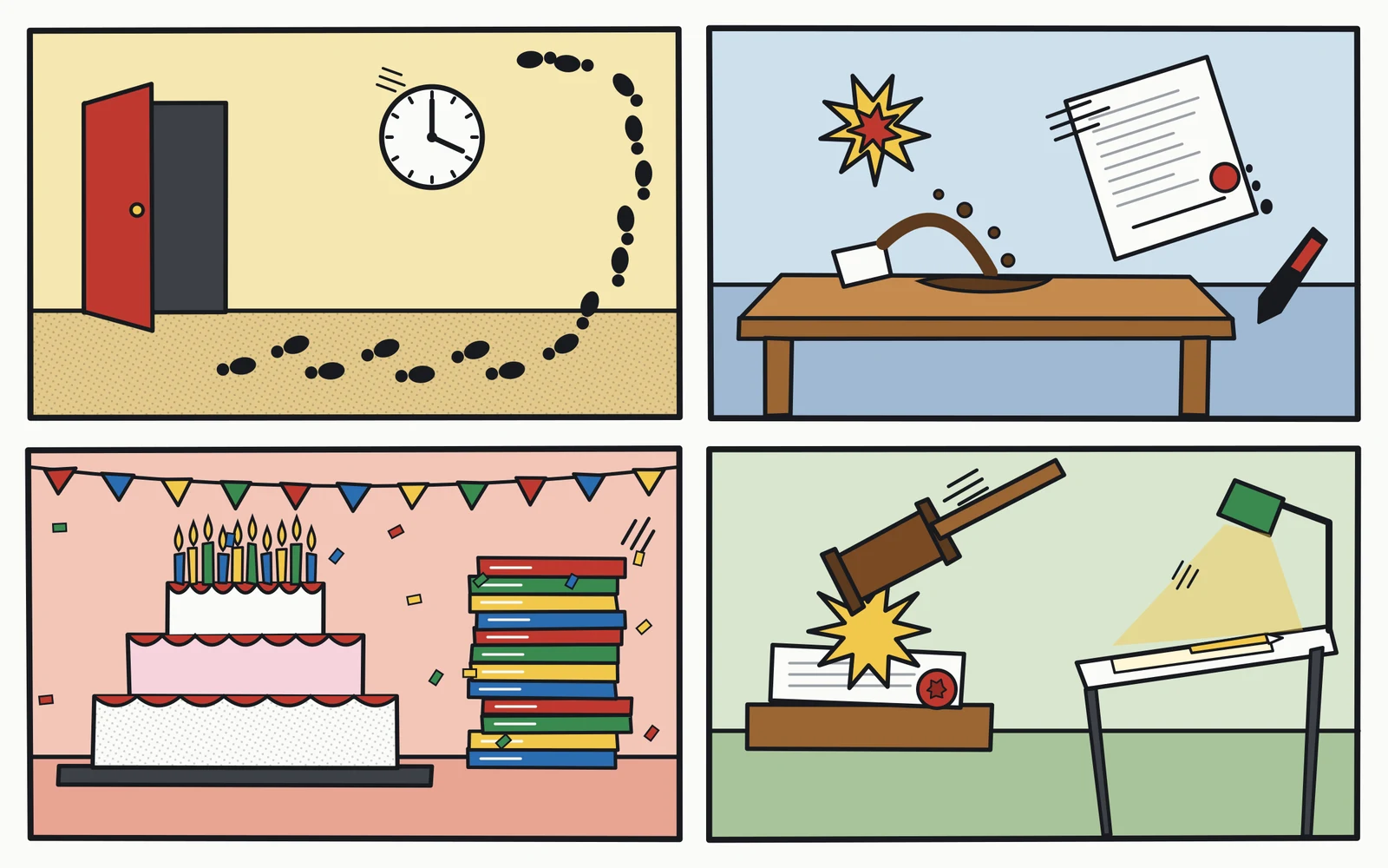 A four-panel gag page. One: a red door stands ajar and a trail of footprints walks out of it, across the floor, up the wall past a clock and onto the ceiling. Two: coffee flies off a desk, a contract with an empty signature line spins through the air, a pen falls. Three: a three-tier birthday cake full of candles beside a tower of printed albums, under bunting. Four: a gavel strikes a contract sealed in red wax, while a lamp lights an empty drawing desk with a pencil nobody is holding.