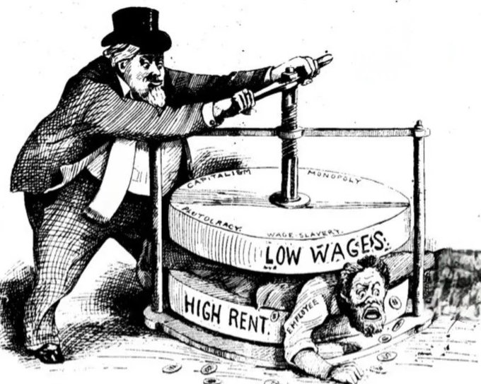 Caricature politique de la fin du XIXe siècle : un capitaliste à haut-de-forme actionne une presse à vis étiquetée Capitalisme, Monopole, Autocratie, Salariat-esclavage, pressant « Bas salaires » sur « Loyer élevé » et écrasant un travailleur étiqueté « Employé ».
